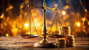 balance de justice et symboles financiers en conflit