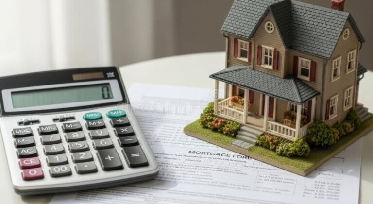 calculatrice avec maison miniature et contrats immobiliers