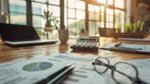 calculatrice et documents financiers sur bureau lumineux