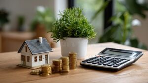 calculatrice et maison miniature sur table bois