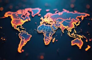 carte du monde avec icones bancaires lumineuses