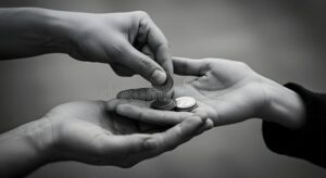 main donnant une piece a une association caritative