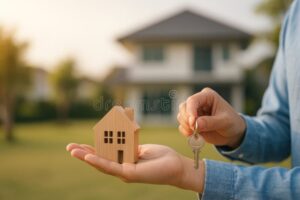 main tenant une maison miniature et cles