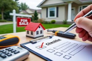 maison avec panneau a vendre et calculatrice