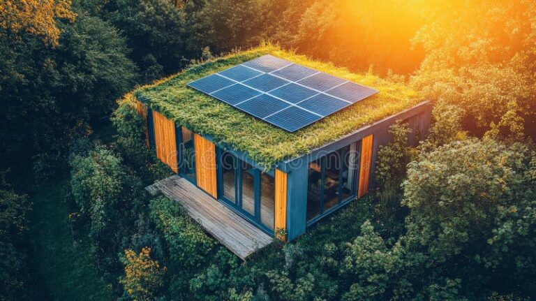 maison ecologique avec panneau solaire et nature