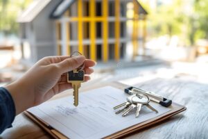 maison moderne avec cles en avant plan