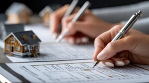 maison moderne avec cles et contrat visible