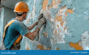 ouvrier reparant un mur endommage