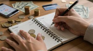 personne calculant ses finances avec un carnet