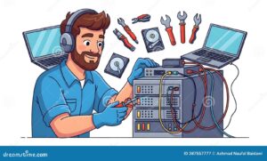 personne reparant un ordinateur avec un casque audio