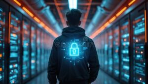 personne securisant un cadenas numerique lumineux