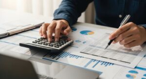 personne utilisant calculatrice et documents financiers