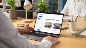 personne utilisant ordinateur avec site immobilier ouvert