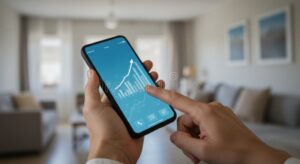 personne utilisant smartphone avec graphique financier
