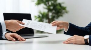 personnes diverses echangeant un document dassurance