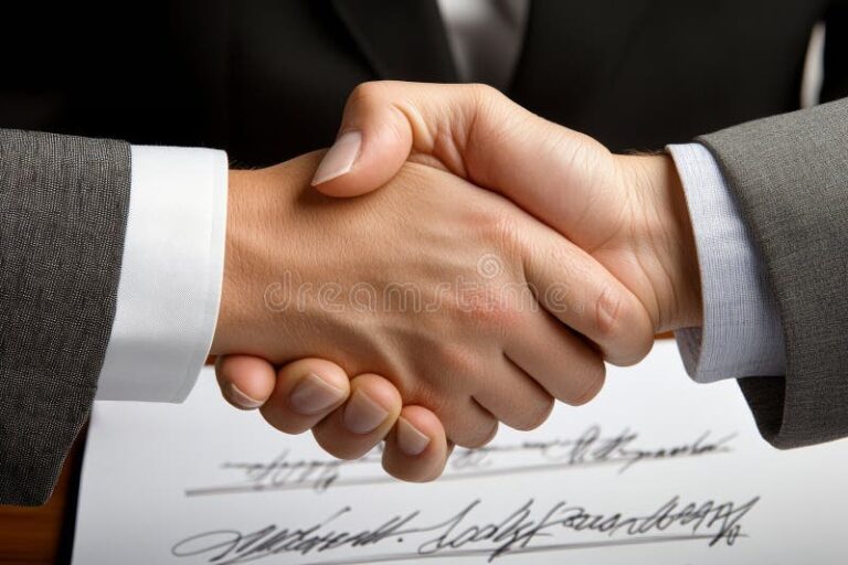 poignee de main devant un contrat officiel