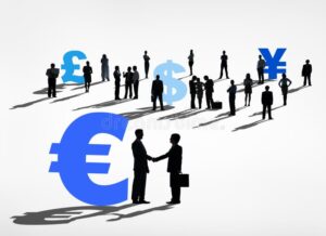 silhouettes humaines avec symboles monetaires colores